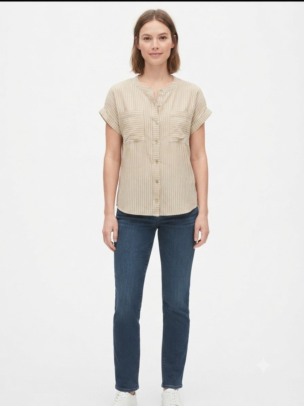 J. Jill Beige Striped Short-Sleeve Button-Front Shirt